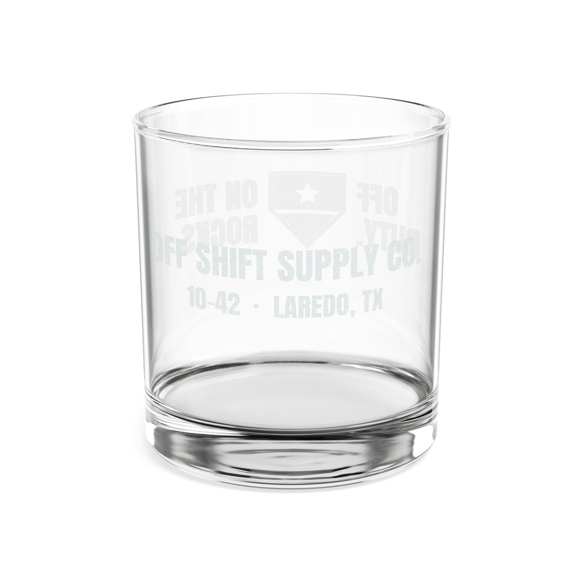 OFF DUTY. ON THE ROCKS. Engraved Rocks Glass by Off Shift Supply Co. – view 2